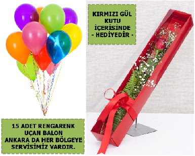15 Adet u�an balon ve kutuda k�rm�z� g�l  Ankara Etlik Mahallesi �i�ek servisi 