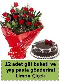 12 adet k�rm�z� g�l buketi ve ya� pasta  Ankara Sanatoryum �i�ek ma�azas� 