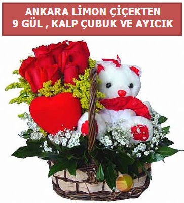 Kalp �ubuk sepette 9 g�l ve ay�c�k  Ankara �i�ekli Mahallesi Oran 14 �ubat sevgililer g�n� 