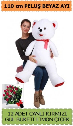 110 cm beyaz kocaman pelu� ay� ve 12 g�l  Ankara Esertepe Mahallesi cicek