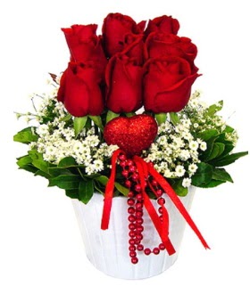 9 k�rm�z� g�l seramik ve kalp �ubuk  Ankara Esertepe Mahallesi cicek
